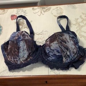 Whimsy Bra 34D  Navy, Brown & Light Blue Lace & 82% Nylon 18% Lycra. EUC